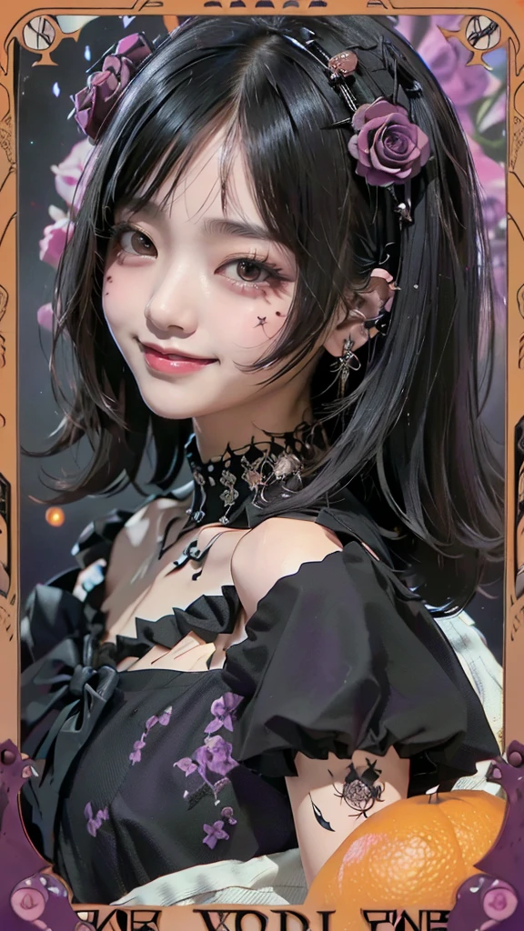 Realistic、A delicate and detailed masterpiece、Highest quality、Highest quality、(Tarot card style:1.3)、Purple Rose Background、One Woman、Upper body photo、(Gothic punk outfit:1.3)、(Black Hair、Hime cut, Long Hair:1.2)、Natural Makeup、Eyelash extensions、Draw eyelashes sharply、Thin eyebrows、Deep orange blush、Grin, Showing teeth、Slightly red cheeks、 female