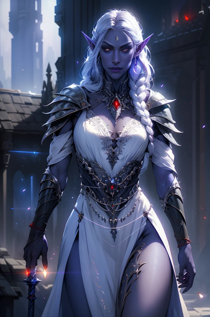 1girl, sexy drow, purple-blue skin, pale silver long elaborate braids, ((red eyes)), jewels, elf ears, earrings, ((white sorceress sexy dress)), ((wields staff)), ((cast light magic)), on a roof of scyscraper, athletic, volumetric lighting, best quality, masterpiece, realistic, anatomically correct, (strong cinematic lighting), stunning details, intricate details, 8k post-production, High resolution, super details, trending on ArtStation, sharp focus, depth of field f/1.8, studio photos, (((looking at camera)))