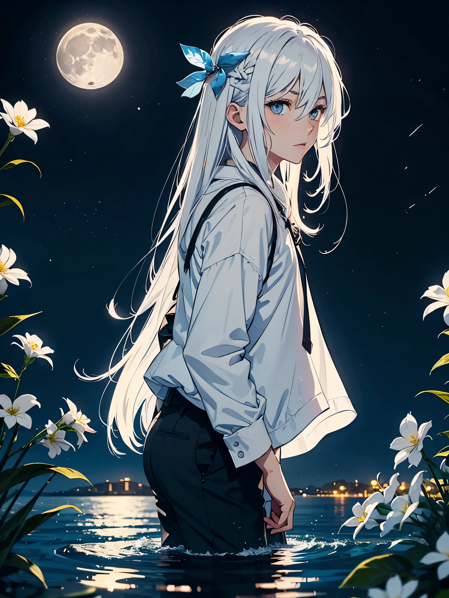 Mit Katana. Engel. Viele weoße vögel. More anime. light blue light. Bright bright light. magical. Moon. White flowers. male. Long hair. long white hair. aquatic, boy, God of the Moon, silver hair accessories, White hair.