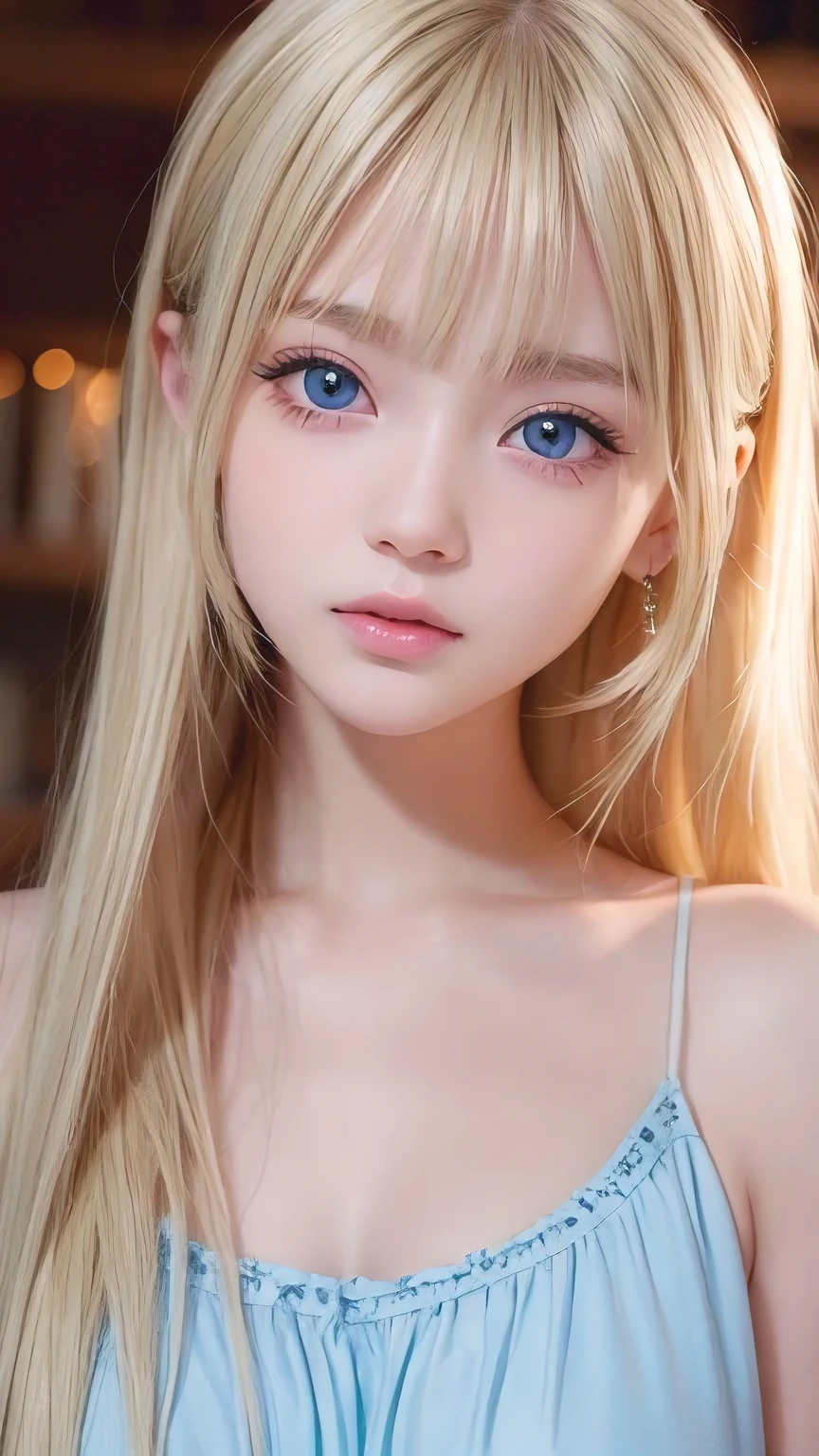 Beautiful Scandinavian girl with beautiful, shiny, bright blonde, mysterious hair.、Super long straight silky hair、Very beautiful shiny pretty face、Beautiful, glowing skin、Mysterious blonde light reflecting dazzlingly、Beautiful, cute, shining, pale, bright, sky blue, big eyes、Very big eyes、Beautiful super long shiny silky blonde hair、Bangs between the eyes、Cute little beautiful girl 16 years old、Blonde hair above the eyes、片Blonde hair above the eyes、Blonde hair between the eyes、Cheek highlighter、Small Face Beauty、Round face
