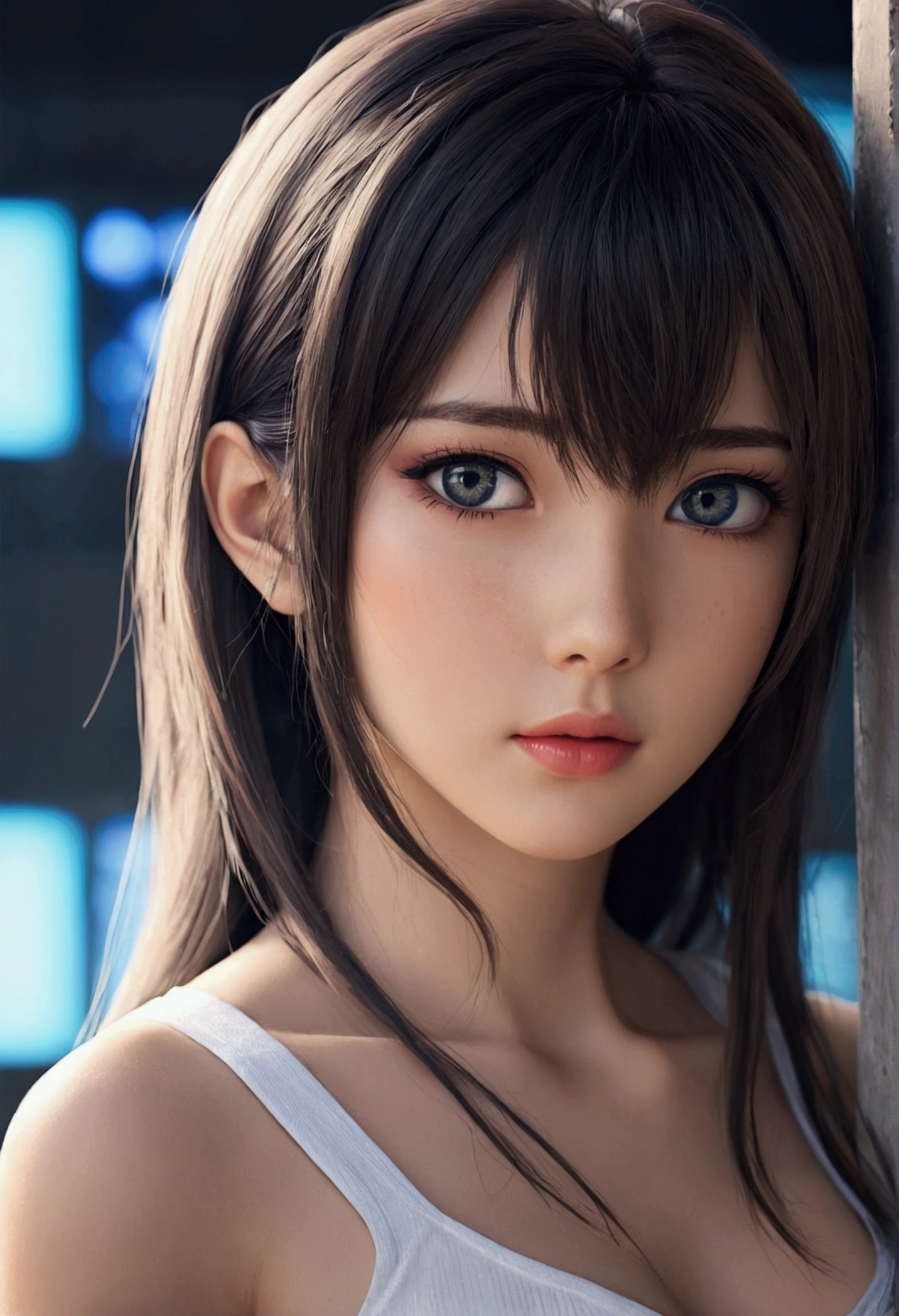 Create anime Beautiful sexy girl A very small part of him looks like a bot and the rest is so beautiful He is looking directly at me