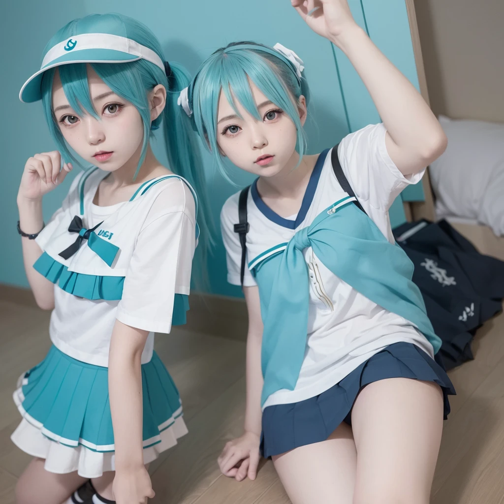 Two girls, 18 years old, face full of sperm, cum shot, on her knees, green hair, white cream on the face,