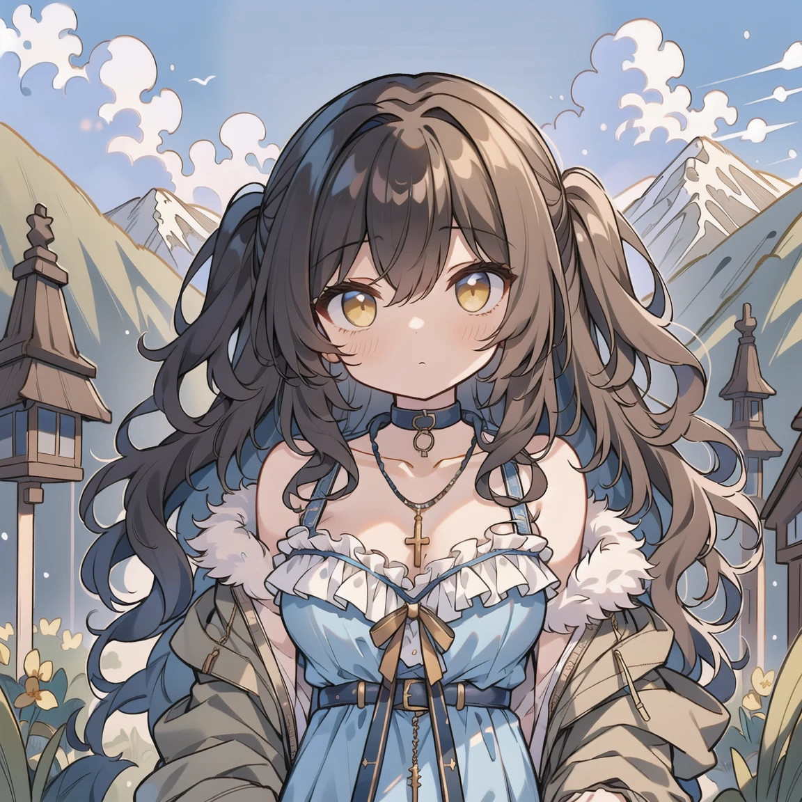 (masterpiece:1.2), (high quality:1.2), girls with((black hair, yellow eyes, (wavy long hair, one side up:1.52), bare shoulders, breasts, choker, cleavage, coat, collar, collarbone, cowboy shot, dress, blue clothes, camisole, (rosary, rosary choker, cross:0.7), necklace, fur, fur collar, fur trim, hood down, hooded jacket, hoodie, jacket, large breasts, long hair, long sleeves, black belt, suspenders, medium breasts, medium hair, necklace, open clothes, open hoodie, sleeveless, solo, winter clothes, zipper, cleavage, upper body, hand up, waving, palm)), background with((architecture, blue sky, bush, castle, village, no humans, cloud, cloudy sky, day, field, garden, grass, hill, house, lamppost, landscape, mountain, mountainous horizon, nature, no humans, outdoors, scenery, shrine, sky))