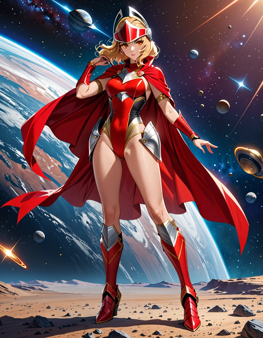 ((Full body photo, standing, feet on the ground)) ((masterpiece)), ((best quality)), ((high res)), (dynamic villain pose), (solo, solo focus), standing, italian, (blonde hair, brown eyes), ((beautiful detailed eyes)), (a woman in a yellow and red costume and red cape), (leotard, bare legs), (roman helmet with futuristic visor, matching armored boots), (perfect hands, perfect anatomy), space backdrop, full body costume design.