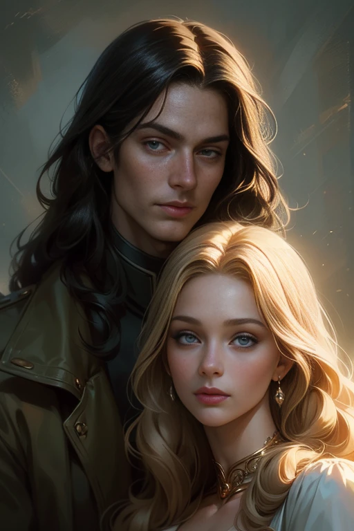 High-quality image of a couple: a blond men (tall, statuesque, handsome, courageous young man with blue eyes, curly golden hair, dressed in a gray antique military uniform) he hugs a woman with a black hair (a fantastically beautiful young femme fatale with long straight black hair, long bangs, she has blackberry eyes, she is a princess, on she has a romantic dress and a tiara). They are in love with each other. The sketches of the "Ideal Anatomy" made by Boris Vallejo are characterized by a high degree of detail. Masterpiece, detailed study of the face, beautiful face, beautiful facial features, perfect image, realistic shots, detailed study of faces, full-length image, 8k, detailed image, extremely detailed illustration, a real masterpiece of the highest quality, with careful drawing.