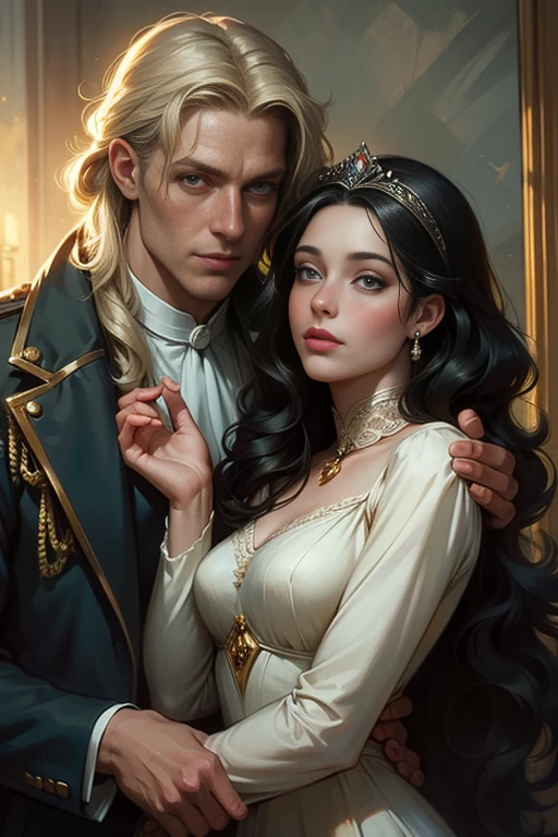 High-quality image of a couple: a blond men (tall, statuesque, handsome, courageous young man with blue eyes, curly golden hair, dressed in a gray antique military uniform) he hugs a woman with a black hair (a fantastically beautiful young femme fatale with long straight black hair, long bangs, she has blackberry eyes, she is a princess, on she has a romantic dress and a tiara). They are in love with each other. The sketches of the "Ideal Anatomy" made by Boris Vallejo are characterized by a high degree of detail. Masterpiece, detailed study of the face, beautiful face, beautiful facial features, perfect image, realistic shots, detailed study of faces, full-length image, 8k, detailed image, extremely detailed illustration, a real masterpiece of the highest quality, with careful drawing.