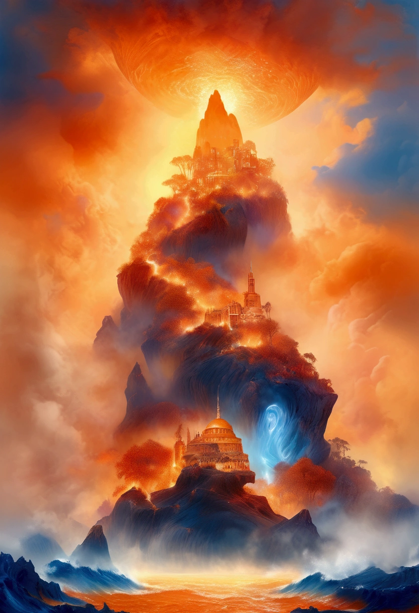 (Mysterious Island), reaching the critical point of orange shown as Zima Blue fractal shapes blending together, in Ethereal Watercolor style, with dreamy washes, award-winning, cinematic still, emotional, vignette, dynamic, vivid, (masterpiece, best quality, Professional, perfect composition, very aesthetic, absurdres, ultra-detailed, intricate details:1.3)