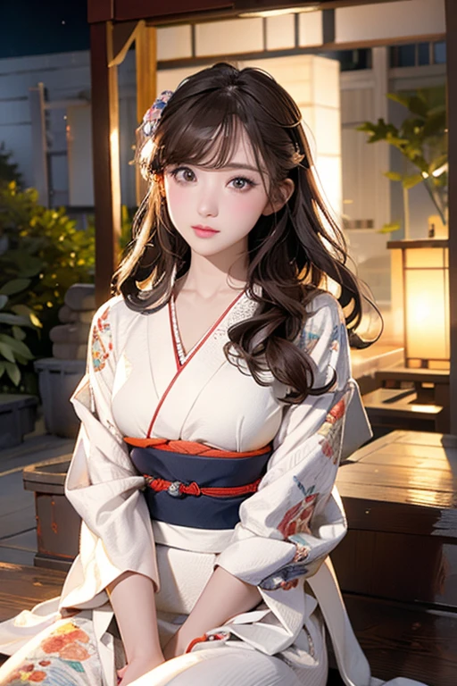 (Official Art、Highest quality、Unity 8k wallpaper、masterpiece、Ultra-high resolution)、Slender、Ample breasts、Highly detailed background、Beautiful girl in yukata、(Highly detailed face and eyes、Beautiful Face、Beautiful Eyes、Beautiful nose、Pretty lips)、Intimate Relationships、A friendly gaze、Japanese garden、Cowboy Shot、Sitting on the porch、moonlight、Autumn scenery、
