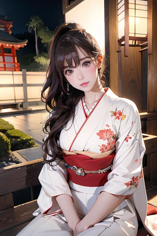 (Official Art、Highest quality、Unity 8k wallpaper、masterpiece、Ultra-high resolution)、Slender、Ample breasts、Highly detailed background、Beautiful girl in yukata、(Highly detailed face and eyes、Beautiful Face、Beautiful Eyes、Beautiful nose、Pretty lips)、Intimate Relationships、A friendly gaze、Japanese garden、Cowboy Shot、Sitting on the porch、moonlight、Autumn scenery、