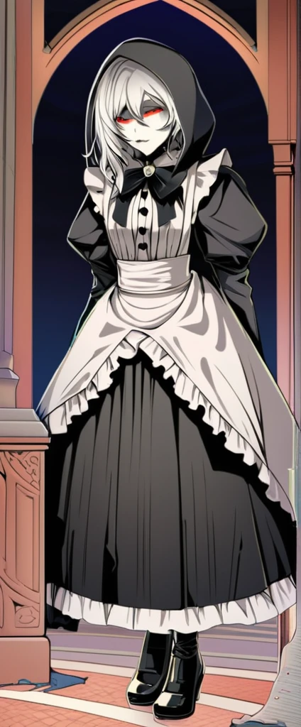 best quality, super fine, 16k, incredibly absurdres, extremely detailed, delicate and dynamic, the most luxurious, gorgeous, beautiful and wonderful maid outfit with lace frills, long ruffle skirt, robe, hood, Gothic, Romanesque, Baroque, Renaissance, Rococo, Art Nouveau, Northern Renaissance style, dark fantasy, cursed grim reaper maid with downcast face, hell's mansion, horror effects