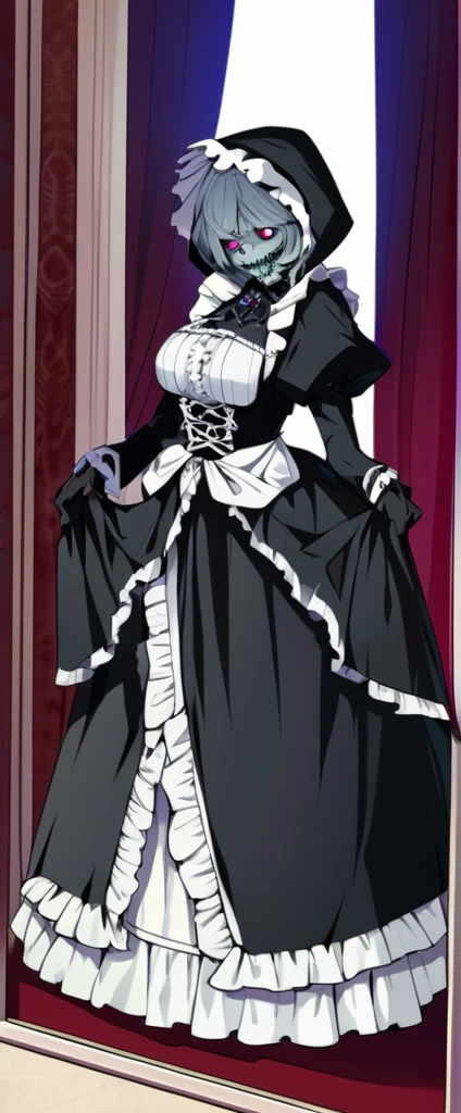 best quality, super fine, 16k, incredibly absurdres, extremely detailed, delicate and dynamic, the most luxurious, gorgeous, beautiful and wonderful maid outfit with lace frills, long ruffle skirt, robe, hood, Gothic, Romanesque, Baroque, Renaissance, Rococo, Art Nouveau, Northern Renaissance style, dark fantasy, cursed grim reaper maid with downcast face, hell's mansion, horror effects