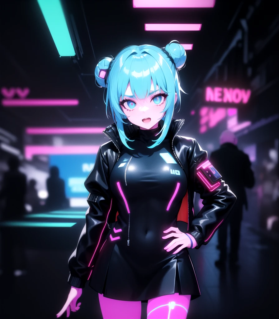 (1girl),
(female focus),
(masterpiece, best quality, highres:1.2),(illustration:1.1),(cyberpunk:1.2),
(hair bun:1.2), light blue hair,blue eyes,(black cyberpunk jacket:1.5),(puffy sleeves:1.2), (black turtleneck:1.2), (black skirt), (white skin),beautiful eyes,
happy,open mouth,(walking),looking at viewer, hand on hip,
(angle various),(cowboy shot),
(neon light:1.5),(lightline:1.5),(red background:1.0),(high contrast:1.1),8k wallpaper,(blurry background),