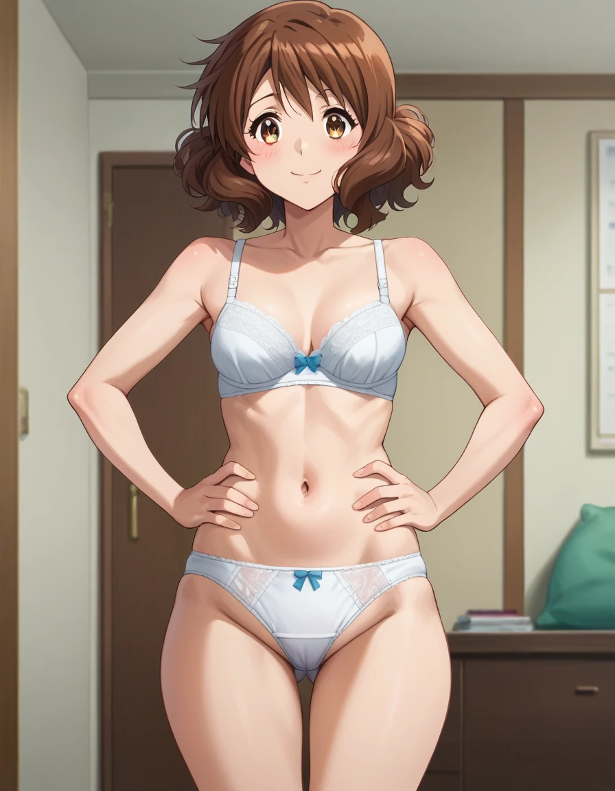 Highest quality, High resolution, masterpiece, (Beautiful Eyes), (Fine grain), Detailed face, kumiko oumae, Brown eyes, Brown Hair, short hair, Wavy Hair, smile, blush, indoor, bedroom, whiteいベッド, View your viewers, (Hands on hips:1.5), (Wide pelvis:1.5), (Big Ass), (white_bra:1.5), (white_Panties:1.5), (Thick thighs), (Pantiesを下にずらす), (pubic hair), nsfw