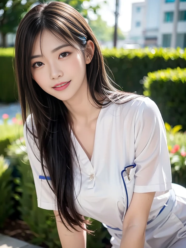 ((Mature woman standng in a garden)),(( nurse uniform:1.2)). 40k,  Photography, masutepiece, Best Quality, dark grey background, ((Mature Women, waifu, mami, A MILF)), ((voluptuous breasts)), Perfect face, perfect ,  ((Two_girl with brown eyes and gorgeous bright black hair)). a Pretty Japanese woman，wet hair look, completely soft chest and white skin,, ((Very soft breasts)). Ultra-detailed face, Detailed eyes, looking into camera, embarrassed, Smile, closed lips, closed mouth, closed lips, no teeth,  nightime, smooth light on face, vivid