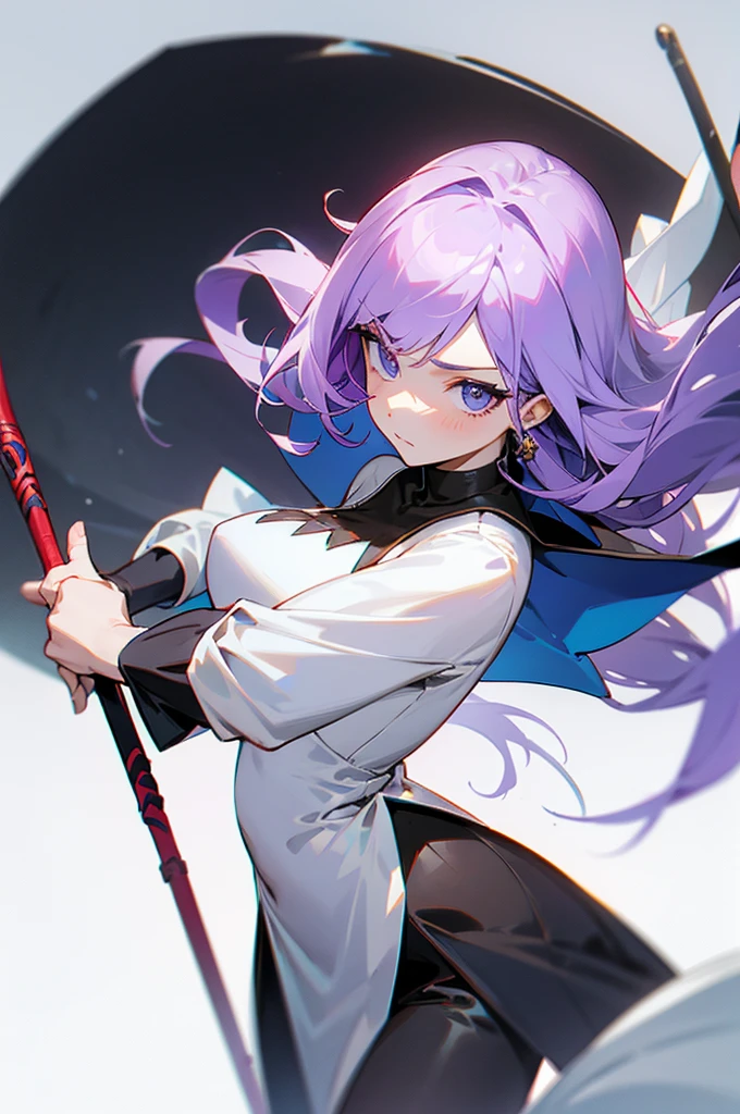 (Beautiful woman，Royal Knights)，Light purple hair、Long Hair、Portrait of a noble knight，Speed Line，Combat Stance，Wield a huge weapon，Expressionless，Faint-hearted face、the below described，magma，Big Scythe、Stocky body、Shoulders out、White background、Fullbody、White clothes、Human ear、alone、Facing forward
