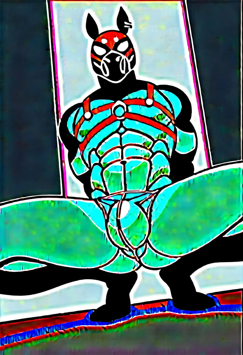 animation, Highest quality, Highest quality, High quality illustrations, masterpiece, Ultra-high resolution, Detailed Background, room, Absurd, Perfect Anatomy, performance, Good lighting, Shadows in the movies(kemono, Furry Personifi猫ion), horse, Muscle Body, green rubber suit, latex, neon, neonライト, neonカラー, Bodysuits, Cyber Suit, cyber punk, Rubber mask, Red harness, Earrings, big bulge, Squat, Show bulge, Hands restrained behind your back, Dynamic Angle