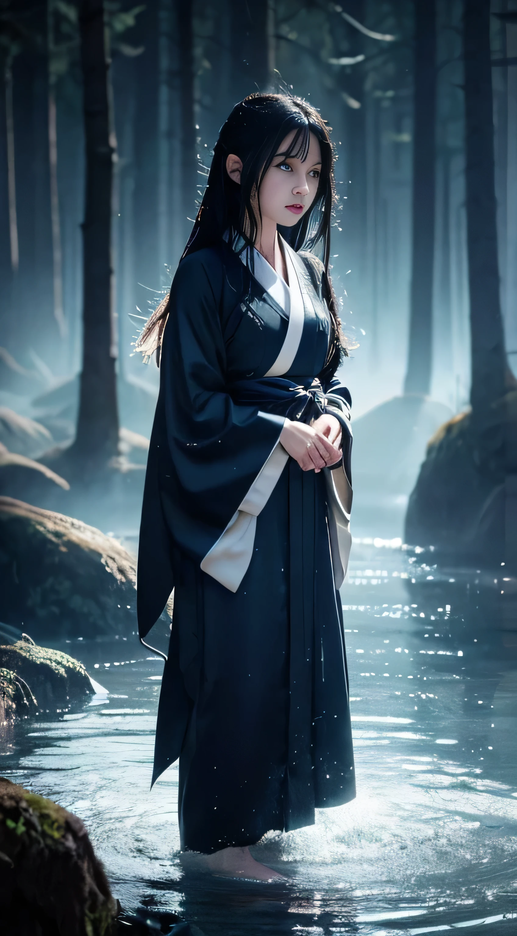 Create an ultra-realistic and terrifying image of a Nuronna, a fearsome water spirit from Japanese folklore, depicted in an exaggerated and eerie manner.

Nuronna's Exaggerated Appearance:
Enormous Wet Kimono:

The kimono is exceptionally large, trailing on the ground with a length that seems almost supernatural. It is constantly wet, hanging heavily as if soaked in water.
The color of the kimono is a deep blue or black, with water droplets continuously dripping from it.
Abnormally Long Black Hair:

The hair is extraordinarily long, reaching down to her waist. It is always wet, with water droplets endlessly falling from the tips.
The hair appears tangled and moves as if alive, writhing like snakes.
Pale Blue Skin:

Her skin is an unnatural, pale blue, evoking the coldness of death.
Water droplets glisten on her skin, giving the impression of an icy chill emanating from her body.
Large, Haunting Eyes:

Her eyes are abnormally large, glowing with an eerie light. The pupils are cold blue or green, instilling intense fear in those who gaze into them.
Dark shadows surround her eyes, and it appears as if she is perpetually weeping.
Sharp Claws:

Her fingertips end in long, sharp claws, perfect for dragging her victims into the water.
The claws glisten with water droplets, reflecting a cold, ominous light.
Sinister Smile:

Her mouth is twisted into a sinister smile, revealing sharp teeth.
The smile is cold and contemptuous, as if she is mocking humanity.
Water Puddles at Her Feet:

Wherever she walks, puddles of water form at her feet.
Water drips from her footsteps, soaking the ground around her.
Water Flowing from Her Back:

Water continuously flows down her back, resembling a small waterfall.
This water is ice-cold, giving a sense of freezing upon touch.
Illustration Image:
Background: Set in a dark forest, abandoned ruins, or near a riverbank, creating a dim and eerie atmosphere.
Overall Silhouette: The large kimono and long hair are emphasized, creating an imposing pr
