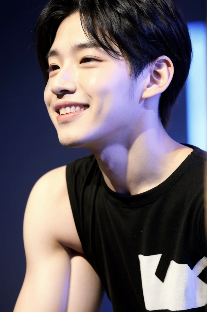 A Korean boy. Has soft, but expressive facial features with a charming smile. His style often emphasizes a powerful stage presence. He has light skin. he has black cool hair he is 23 years old