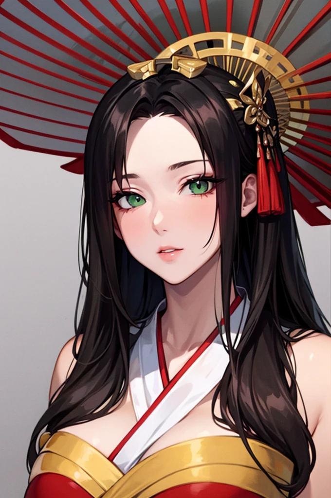 Anime Dark-skinned geisha with green eyes and umbrella, fan