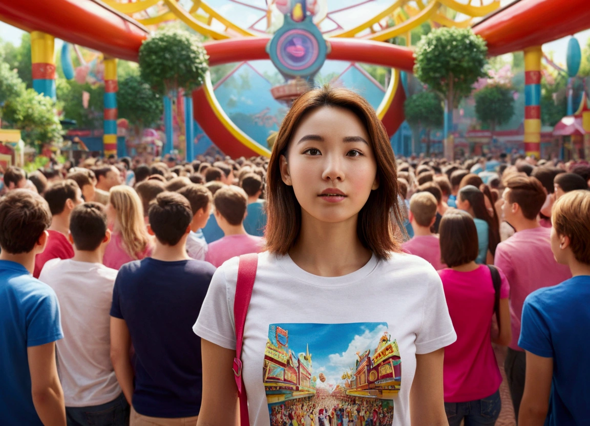 Create a view from inside the theme park., 1 woman standing in the middle, t-shirt , realistic crowd, Point of interest