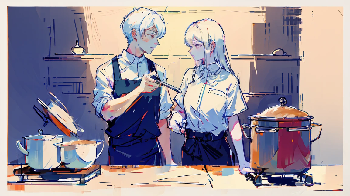 Temporary employee、Two people、Handsome Men and Beautiful Women、White Hair、cooking、