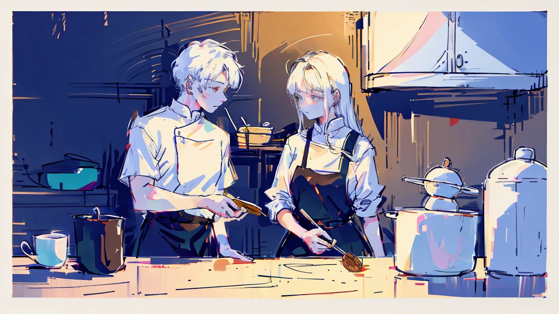 Temporary employee、Two people、Handsome Men and Beautiful Women、White Hair、cooking、