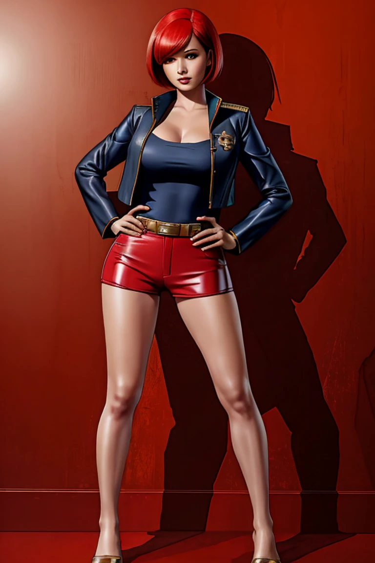 ((Full body photo, standing, feet on the ground)) red bob cut, beautiful woman, starship captain, short jacket, cowboy shot, flirty, military bearing, standing, pirate