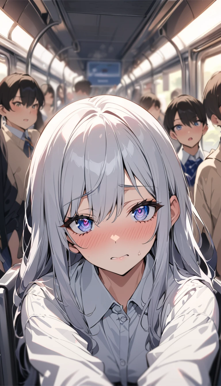 masterpiece, High resolution, perfect face, Japan beauties, 30 years old, beautiful face, in the crowded train, high school student, embarrassed look, look at the camera, (top quality eyes), detailed texture, Look at me, Married woman, cool women, ((high resolution eyes)), hentai