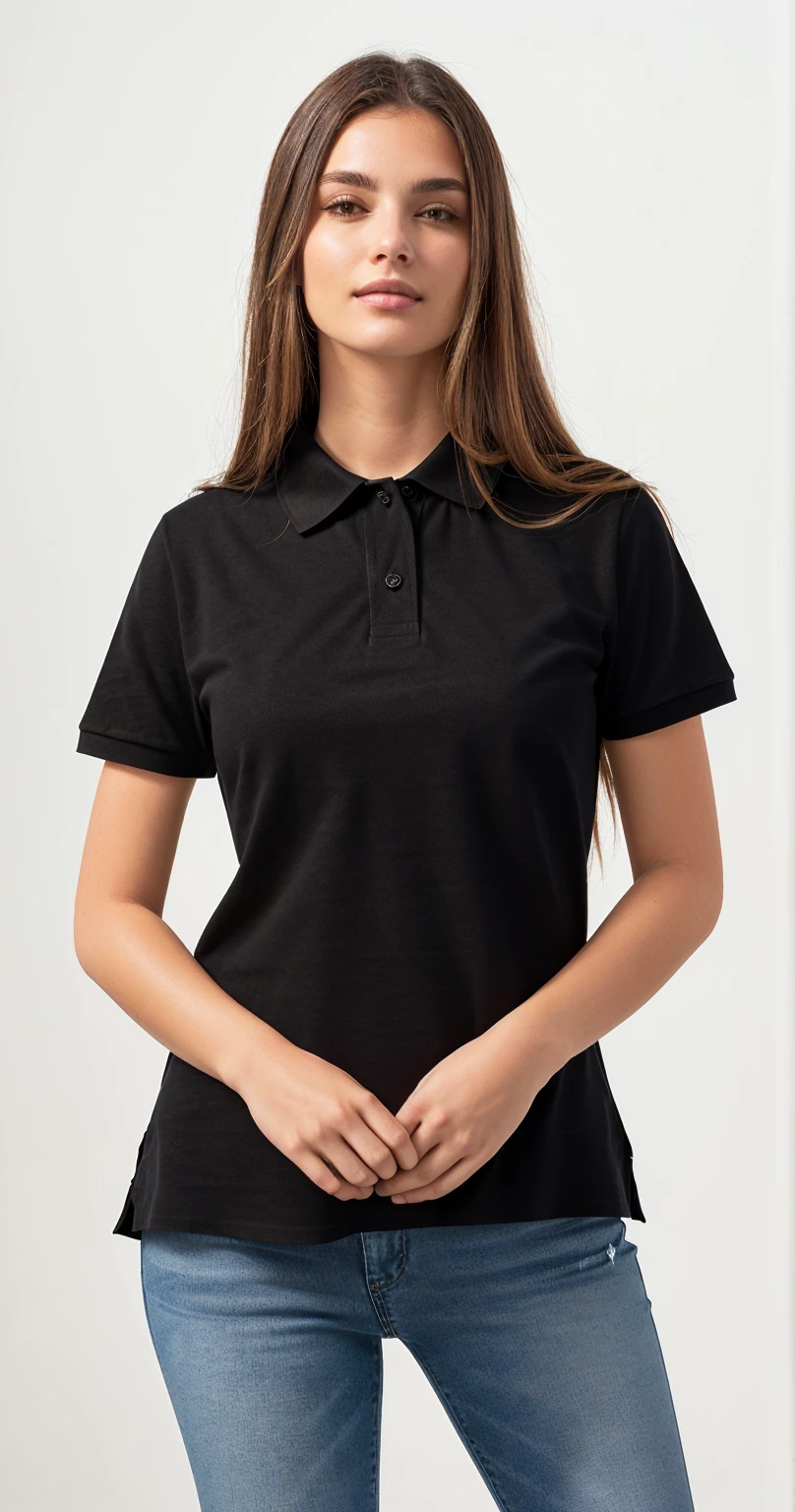a woman in a black shirt polo and jeans poses for a picture, short sleeves, wearing polo shirt, collared shirt, front portrait, black, “organic, wearing a black shirt, or black, plain, black shirt, 3/4 front view, front-view, wearing a dark blue polo shirt, basic, black t shirt, collar on neck, no logo!!!