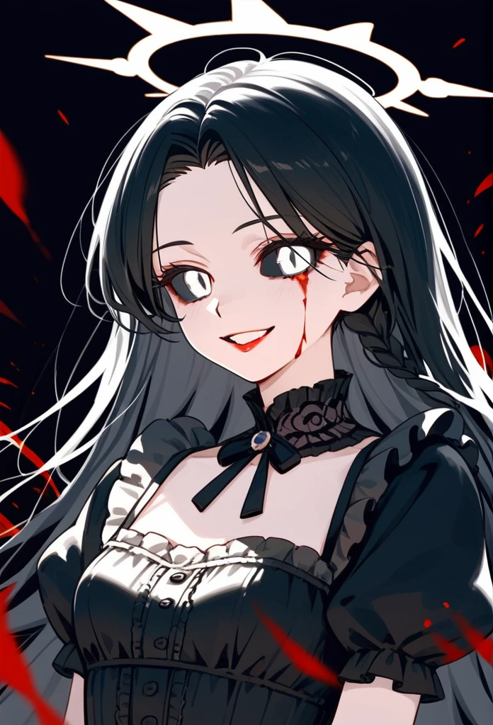 masterpiece, zoom out, score_9, score_8_up, score_7_up, portrait, 1girl, solo, black hair, long hair, parted bangs, white eyes, black sclera, (blood tears, small smile), evil, parted lips, innexpressive, small breasts, upper body, victorian fashion, black dress, frilled dress, short sleeves, halo, black background, best quality
