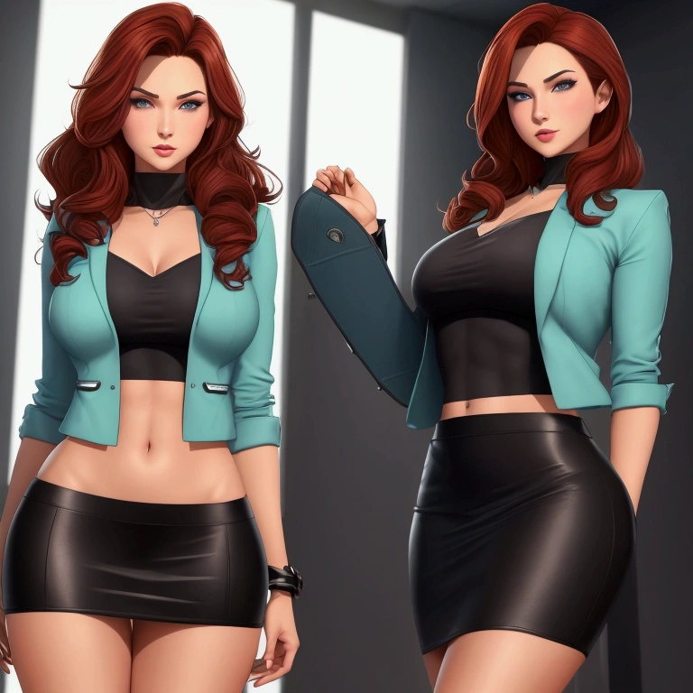 Create a cool and attractive girl in her early twenties with a flawless complexion and long, wavy auburn hair. She has deep blue eyes, stands at 5'7", and has a fit physique. She wears a mint green cropped top with a high-waisted black skirt, a red blazer, black ankle boots, and simple accessories. She exudes confidence and has a magnetic presence.