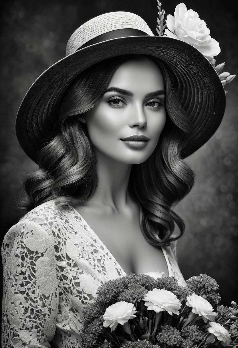 (highest quality,4K,8k,High resolution,masterpiece:1.2),Very detailed,(Realistic,photoRealistic,photo-Realistic:1.37),Black and White,Grainy,High Contrast,Vintage Style,Retro feel,Dark Background,Bright flowers,Beautiful woman with a bouquet and a vintage hat.