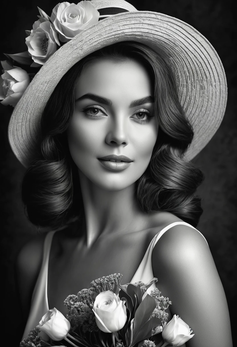 (highest quality,4K,8k,High resolution,masterpiece:1.2),Very detailed,(Realistic,photoRealistic,photo-Realistic:1.37),Black and White,Grainy,High Contrast,Vintage Style,Retro feel,Dark Background,Bright flowers,Beautiful woman with a bouquet and a vintage hat.