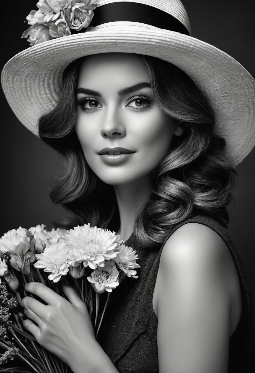 (highest quality,4K,8k,High resolution,masterpiece:1.2),Very detailed,(Realistic,photoRealistic,photo-Realistic:1.37),Black and White,Grainy,High Contrast,Vintage Style,Retro feel,Dark Background,Bright flowers,Beautiful woman with a bouquet and a vintage hat.