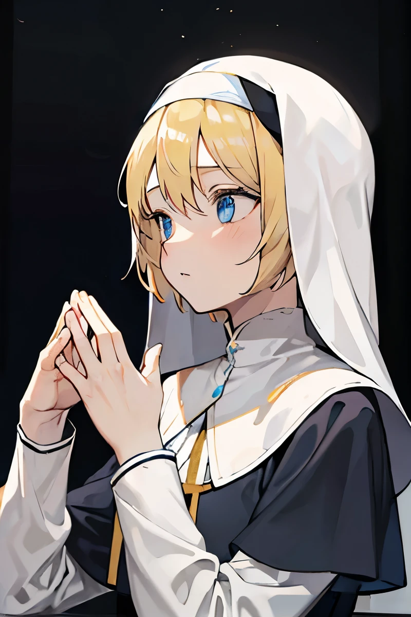 blond hair, Nun, blue eyes, gentleness, praying hands, Focus on upper body