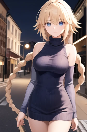 masterpiece, Highest quality, High resolution, Ajad, Long Hair, Single Blade, Long braids, Sweater dress, Ribbed sweater, No sleeve, Are standing, Cowboy Shot, night, street,