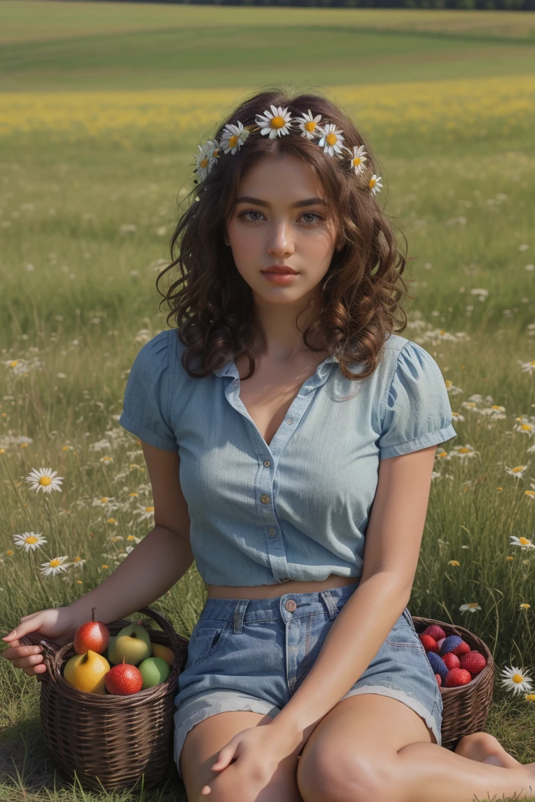 (girl:1.2),alone, (brownish curly hair:1.1), brown eyes, Wearing a daisy wreath on your head, Sit in a daisy field, (fruit basket:1.1), blue shorts, red shirt ,,raw, photographic, photo shadows, actual ,Ridiculous, Aesthetic ,elegant
