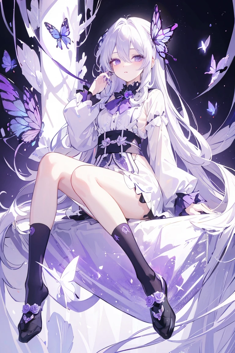 Silver Hair,crystal hair, Butterfly,Long white hair,8k wallpaper,Detailed background,Maximum resolution,Hair covers one eye,Drawcord,Chies,purple Rose,Tight Fit,高筒Socks,Socks