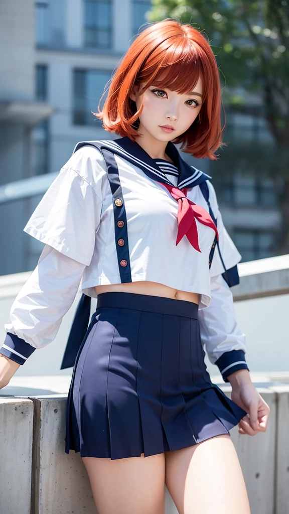 (​masterpiece、top-quality), beautifull detailed face,Beautiful face in uniform,1girl in,ars,Sailor Moon Cosplay, cosplayer、length hair, Single braid, Walking,troubled look,Embarrassing pose,