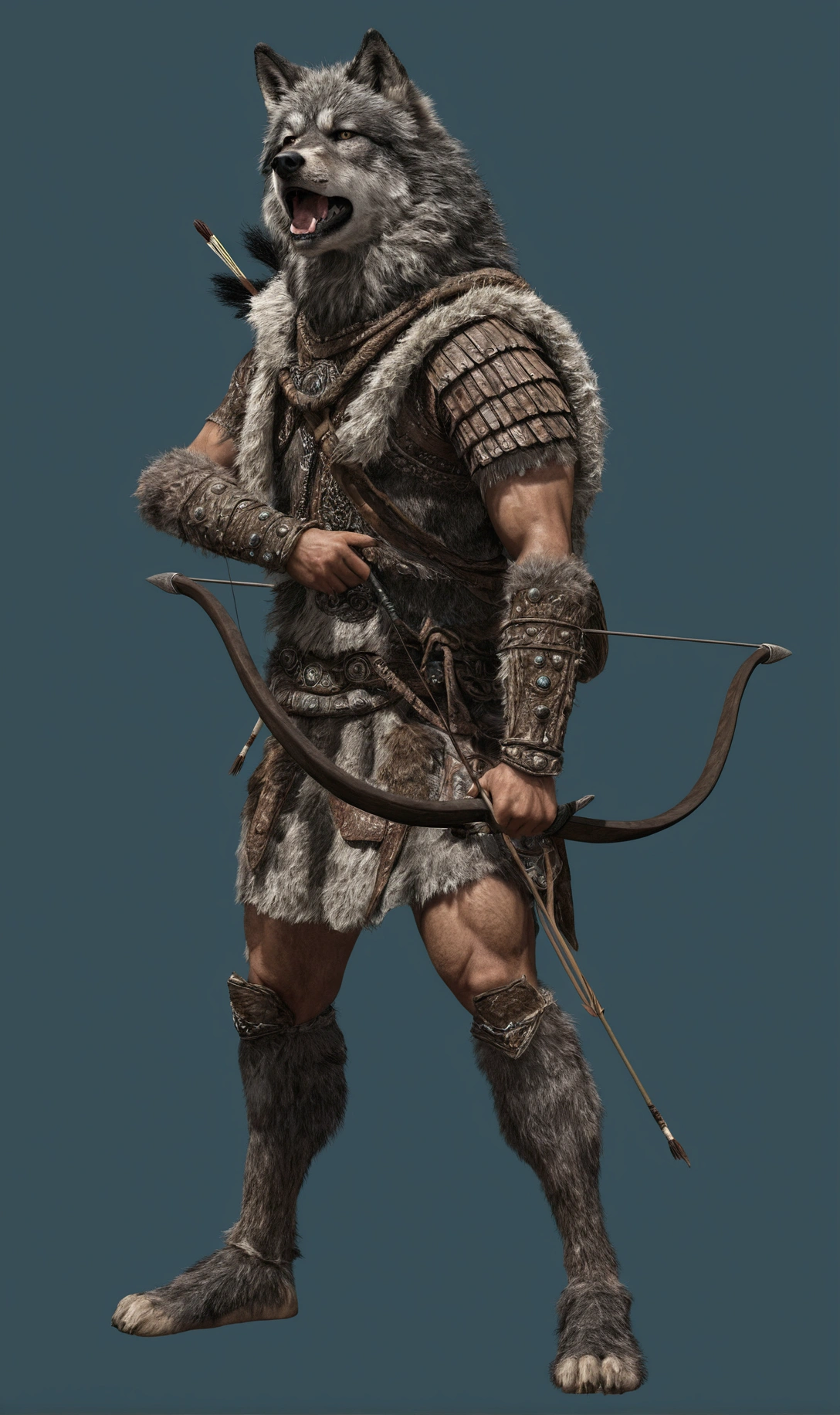 bushy man with a bow and bow wearing a wolfskin hood, ancient mesopotamian warrior: ultra realistic and detailed image