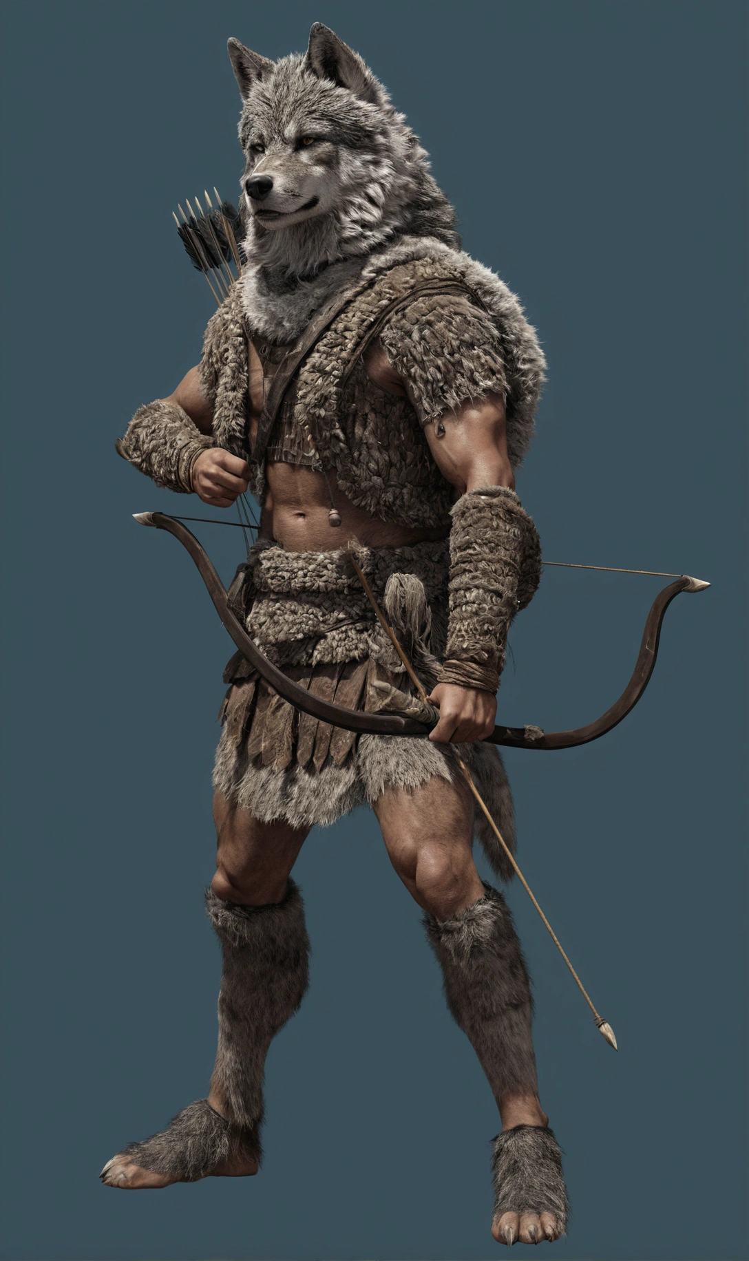 bushy man with a bow and bow wearing a wolfskin hood, ancient mesopotamian warrior: ultra realistic and detailed image