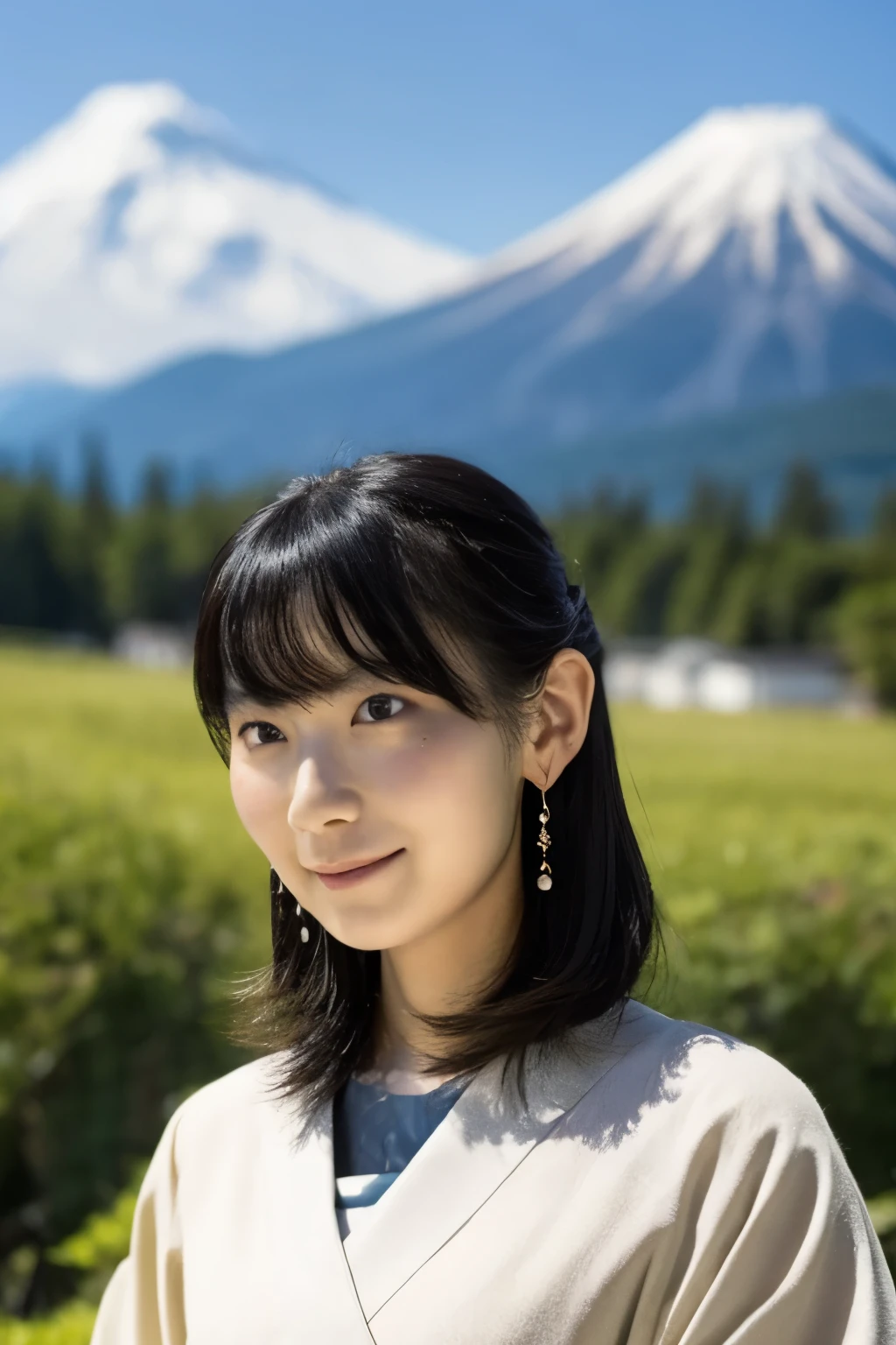 Mountain、Japanese woman looking into the distance、Mob Hair

