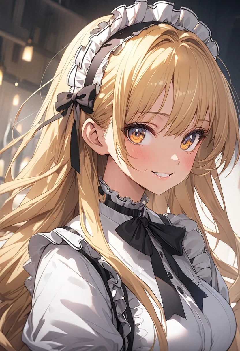 18 year old beautiful girl, Big eyes, Large Breasts, Small and slim, 8k, Highest quality, (Highly detailed head: 1.0), (Highly detailed face: 1.0), (Very fine hair: 1.0), Maid clothes, Highly detailed official artwork, Anime Moe Art Style, Beautiful and detailed anime art, smile, Blonde, sleek long hair