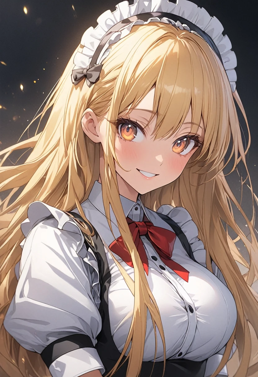 18 year old beautiful girl, Big eyes, Large Breasts, Small and slim, 8k, Highest quality, (Highly detailed head: 1.0), (Highly detailed face: 1.0), (Very fine hair: 1.0), Maid clothes, Highly detailed official artwork, Anime Moe Art Style, Beautiful and detailed anime art, smile, Blonde, sleek long hair