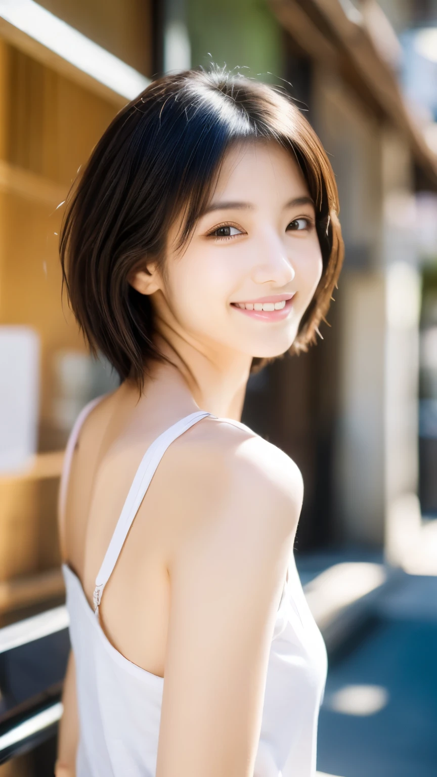 high resolution、Japanese women、Beauty、short hair、Small face、Beautiful skin、Large breasts、Reality Stick、Daytime、outside、Black T-shirt and jeans、smile