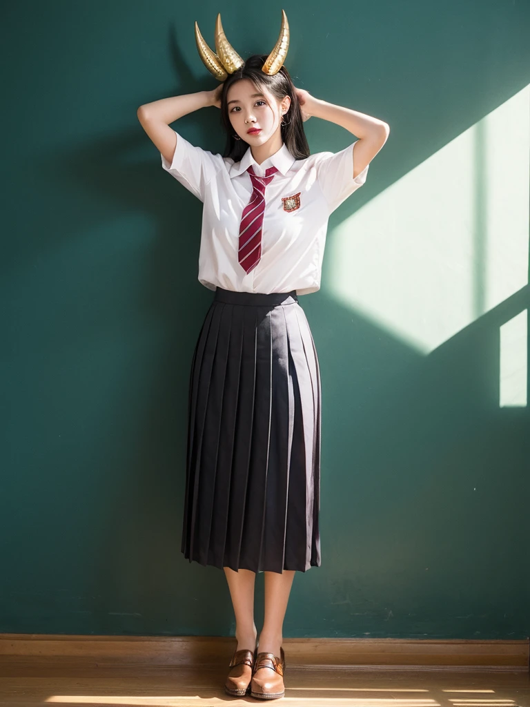 1female creature,,realistic,naga,horn on head,full face,full body,shirt,pleated skirt,school