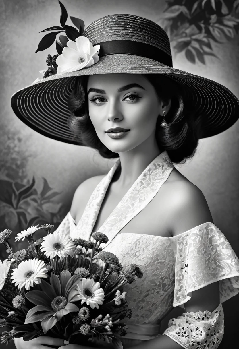 (highest quality,4K,8k,High resolution,masterpiece:1.2),Very detailed,(Realistic,photoRealistic,photo-Realistic:1.37),Black and White,Grainy,High Contrast,Vintage Style,Retro feel,Dark Background,Bright flowers,Beautiful woman with a bouquet and a vintage hat.