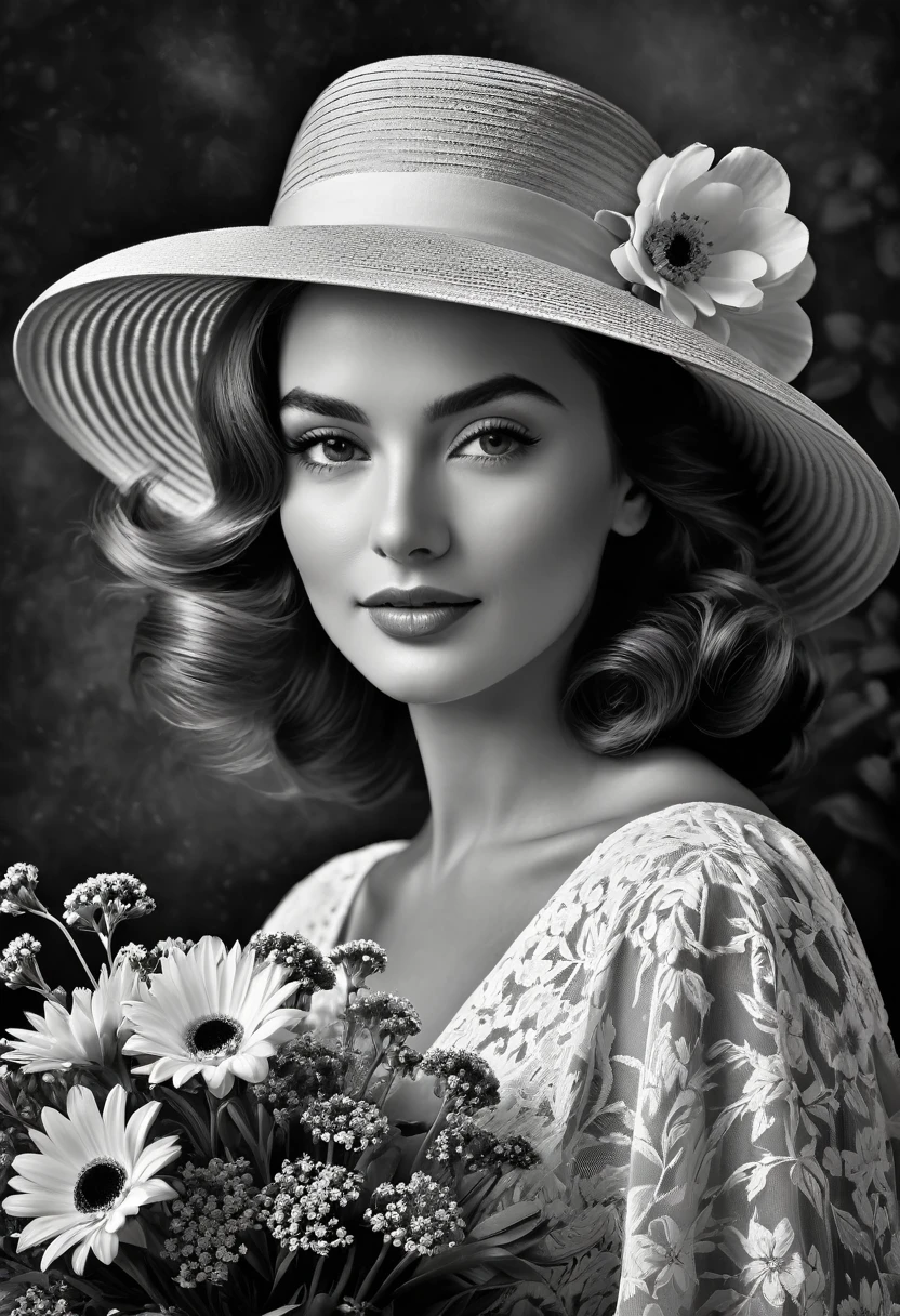 (highest quality,4K,8k,High resolution,masterpiece:1.2),Very detailed,(Realistic,photoRealistic,photo-Realistic:1.37),Black and White,Grainy,High Contrast,Vintage Style,Retro feel,Dark Background,Bright flowers,Beautiful woman with a bouquet and a vintage hat.