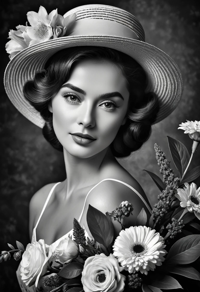 (highest quality,4K,8k,High resolution,masterpiece:1.2),Very detailed,(Realistic,photoRealistic,photo-Realistic:1.37),Black and White,Grainy,High Contrast,Vintage Style,Retro feel,Dark Background,Bright flowers,Beautiful woman with a bouquet and a vintage hat.