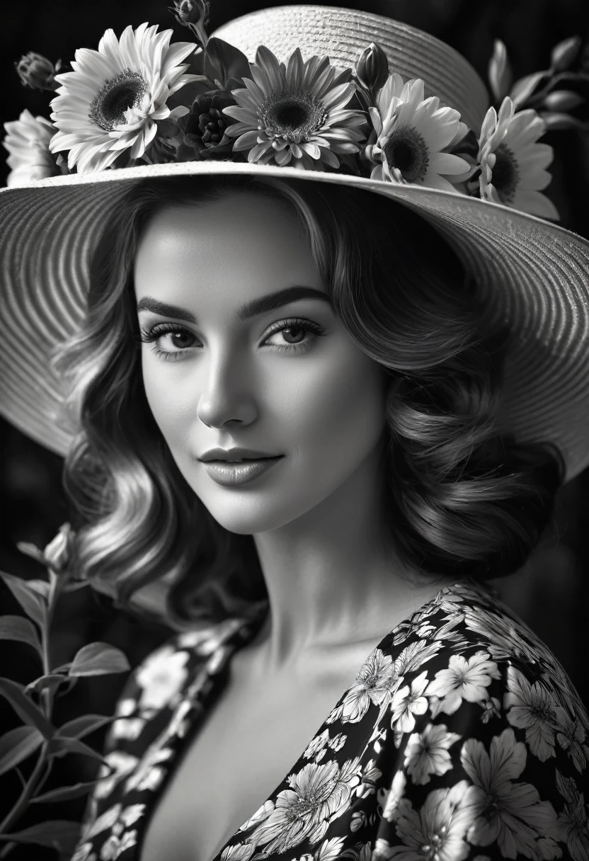 (highest quality,4K,8k,High resolution,masterpiece:1.2),Very detailed,(Realistic,photoRealistic,photo-Realistic:1.37),Black and White,Grainy,High Contrast,Vintage Style,Retro feel,Dark Background,Bright flowers,Beautiful woman with a bouquet and a vintage hat.